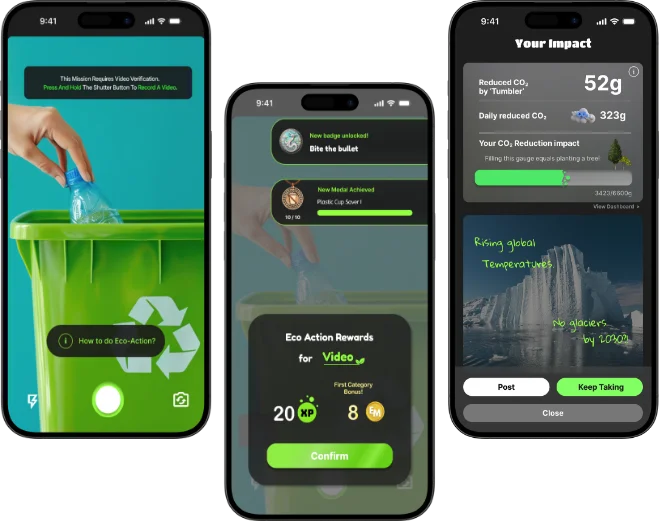 EarthMera app showing environmental impact tracking