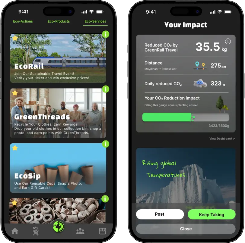 EarthMera app showing eco services feature