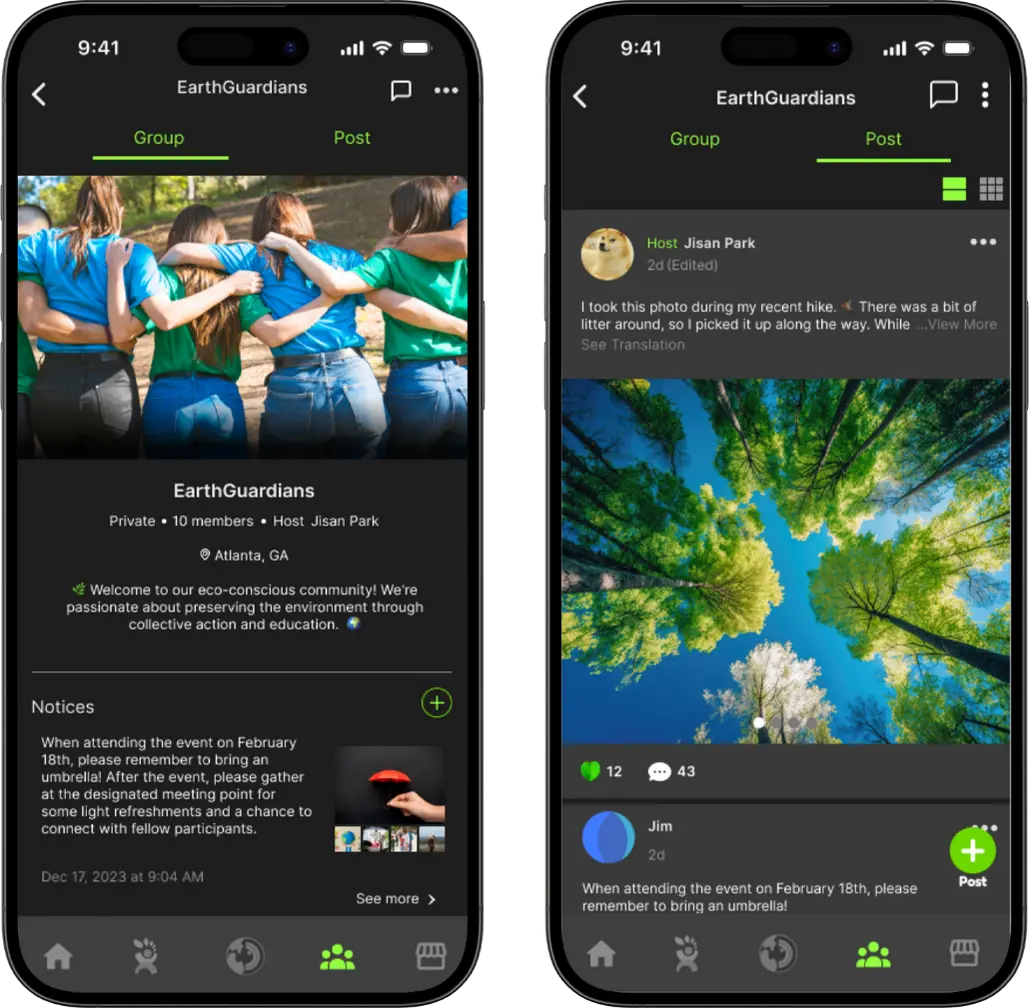 EarthMera app showing group activity feature